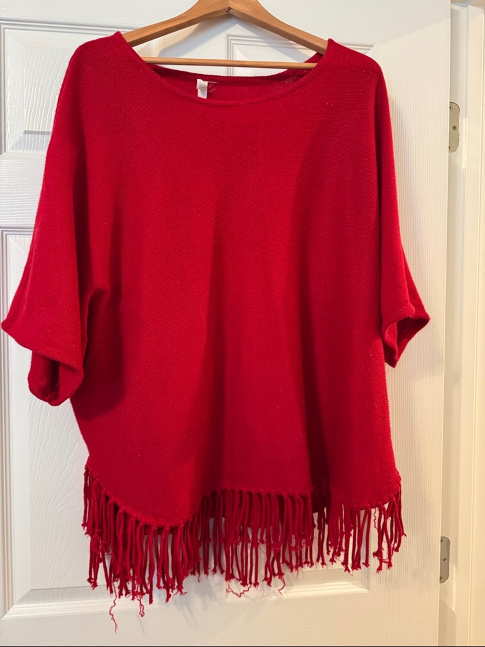 NY Collection Red Fringe Hem Women's Poncho Sweater
